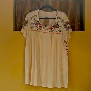 Ruff Hewn short sleeve, cream colored shirt with red floral embroidery